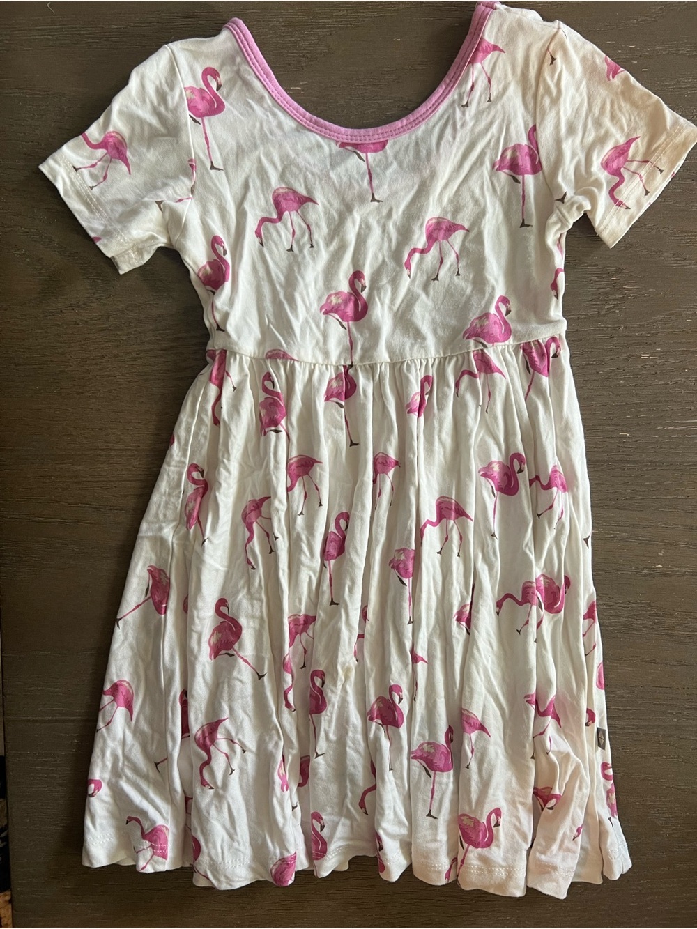 Kyte BABY White Dress with Pink Trim and Flamingo Motif